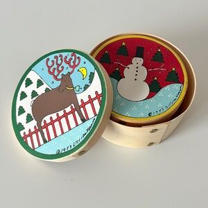 Vintage 1983 Hand Painted Lillian Vernon 2 Nesting Gift Boxes Snowman Reindeer